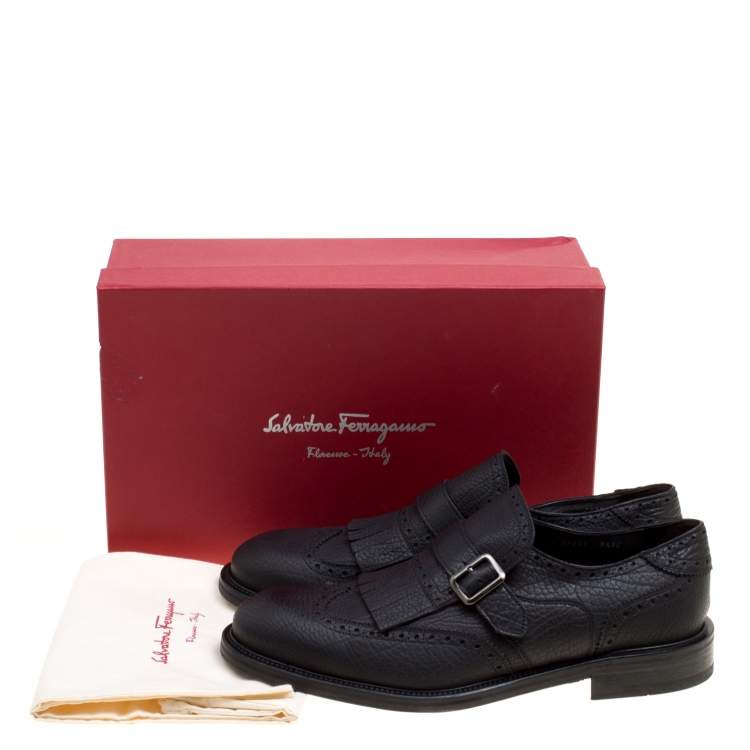 Pre Owned Salvatore Ferragamo Black Brogue Leather Genesis Fringe Detail Wingtip Oxford Size 43.5