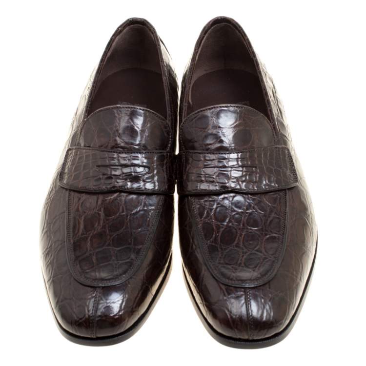 Pre Owned Salvatore Ferragamo Mocca Crocodile Leather Pablo Penny Loafers Size 42.5