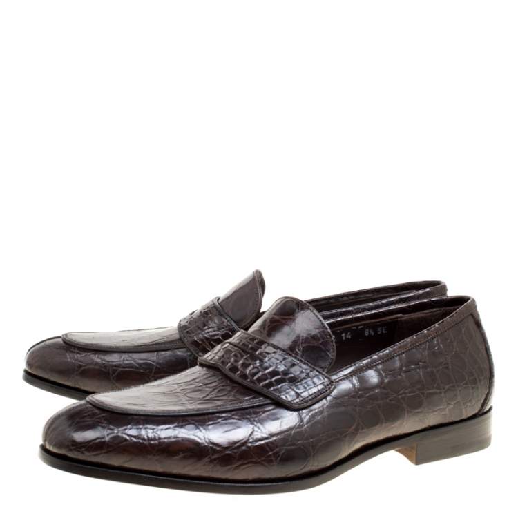 Pre Owned Salvatore Ferragamo Mocca Crocodile Leather Pablo Penny Loafers Size 42.5