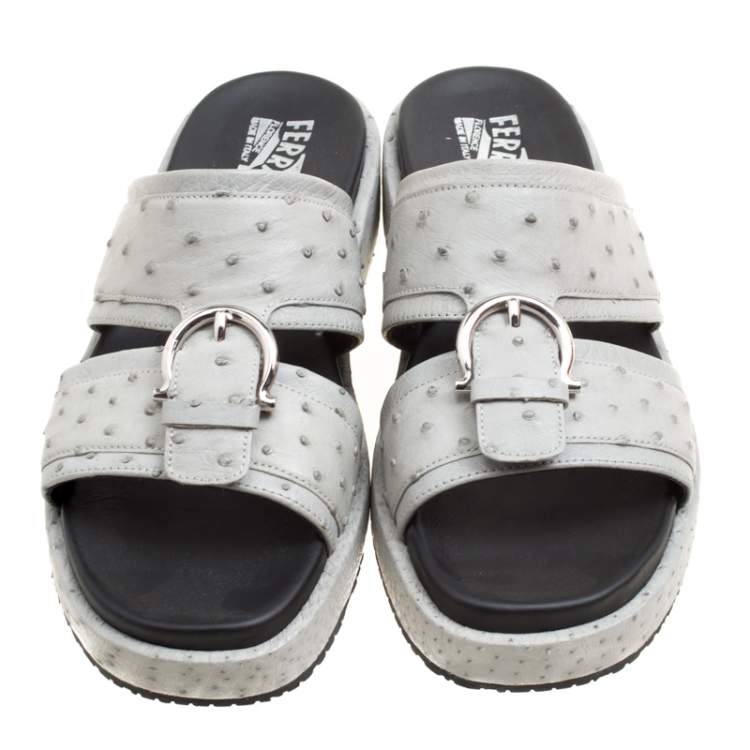 Pre Owned Salvatore Ferragamo Grey Ostrich Leather Lutfi Platform Slides Size 41