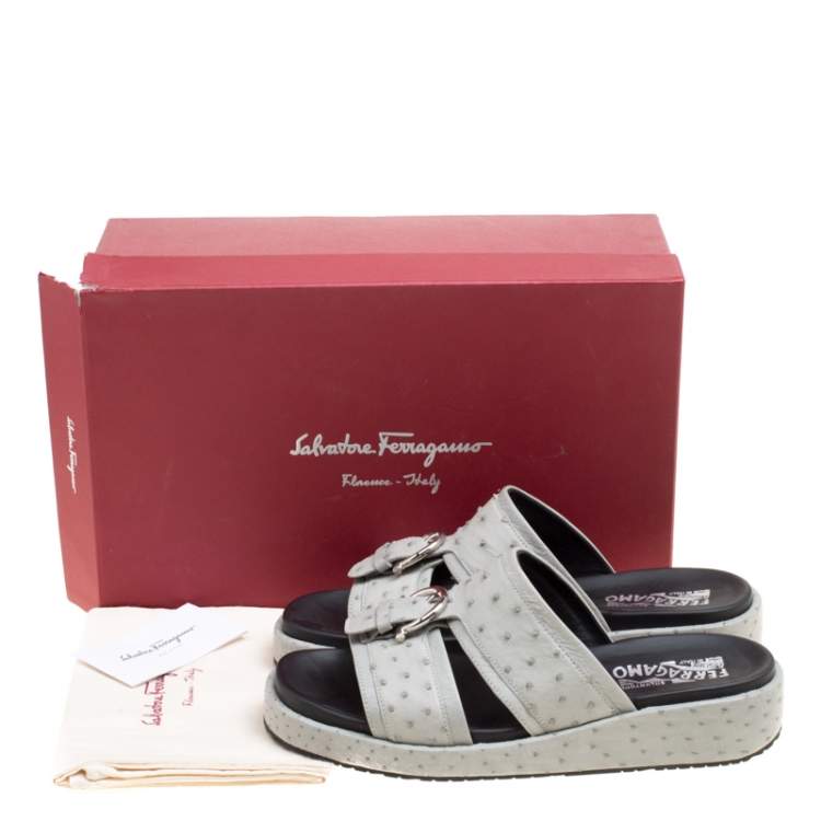 Pre Owned Salvatore Ferragamo Grey Ostrich Leather Lutfi Platform Slides Size 41