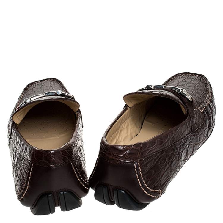 Pre Owned Salvatore Ferragamo Brown Crocodile Leather Parigi Horsebit Slip On Loafers Size 45