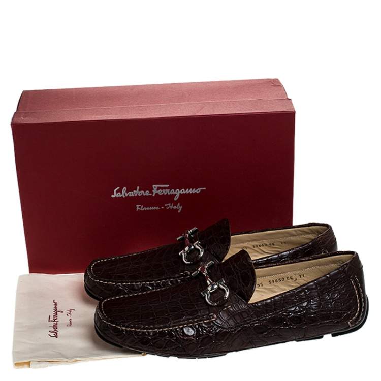Pre Owned Salvatore Ferragamo Brown Crocodile Leather Parigi Horsebit Slip On Loafers Size 45
