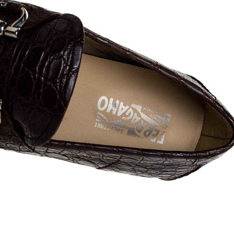 Pre Owned Salvatore Ferragamo Brown Crocodile Leather Parigi Horsebit Slip On Loafers Size 45