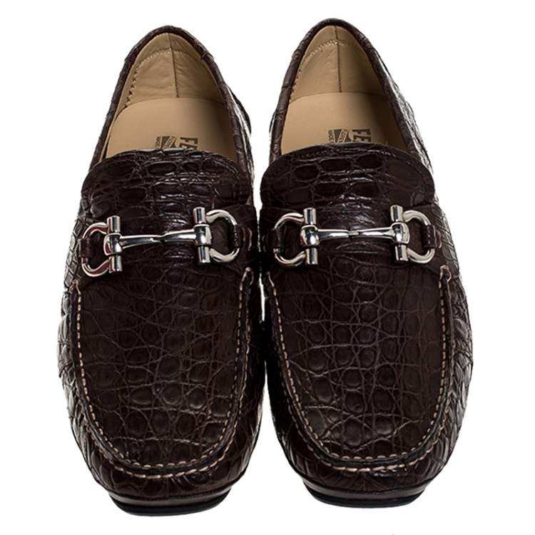 Pre Owned Salvatore Ferragamo Brown Crocodile Leather Parigi Horsebit Slip On Loafers Size 45