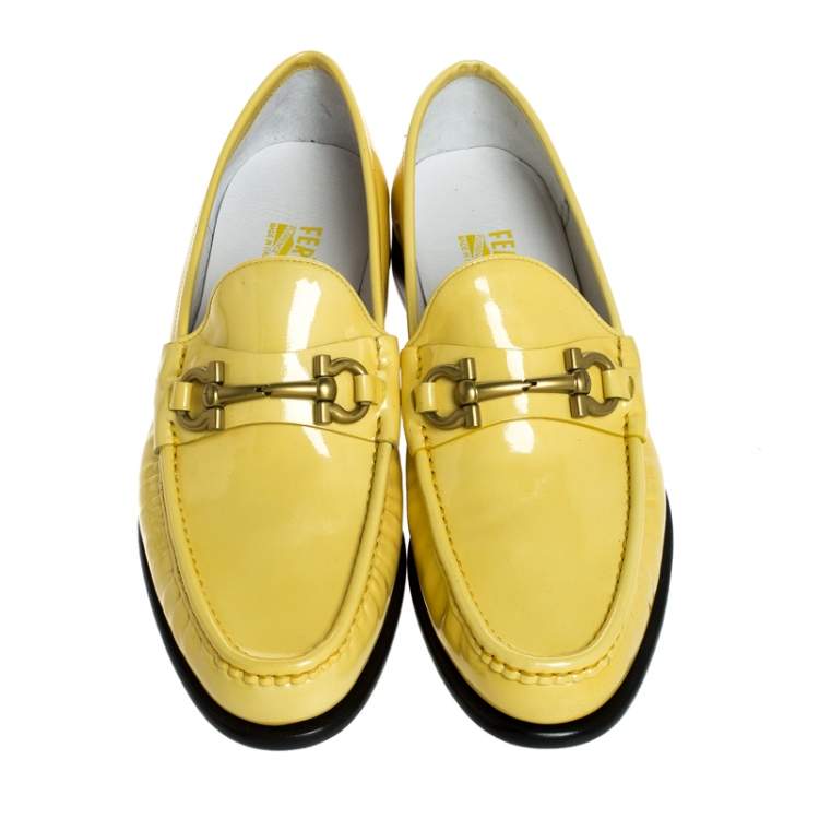 Pre Owned Salvatore Ferragamo Yellow Patent Leather Mason Loafers Size 44