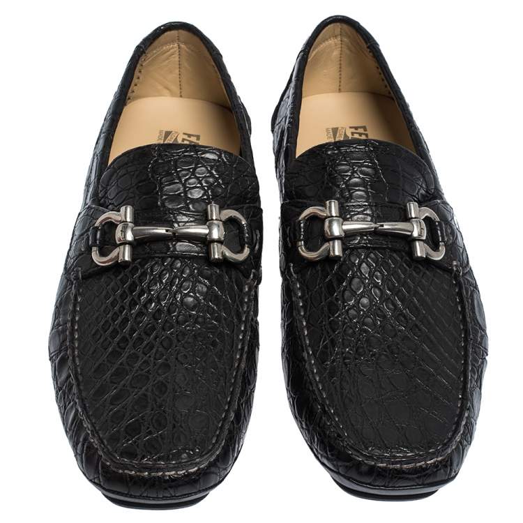 Pre Owned Salvatore Ferragamo Black Croc Leather Parigi Loafers Size 44.5