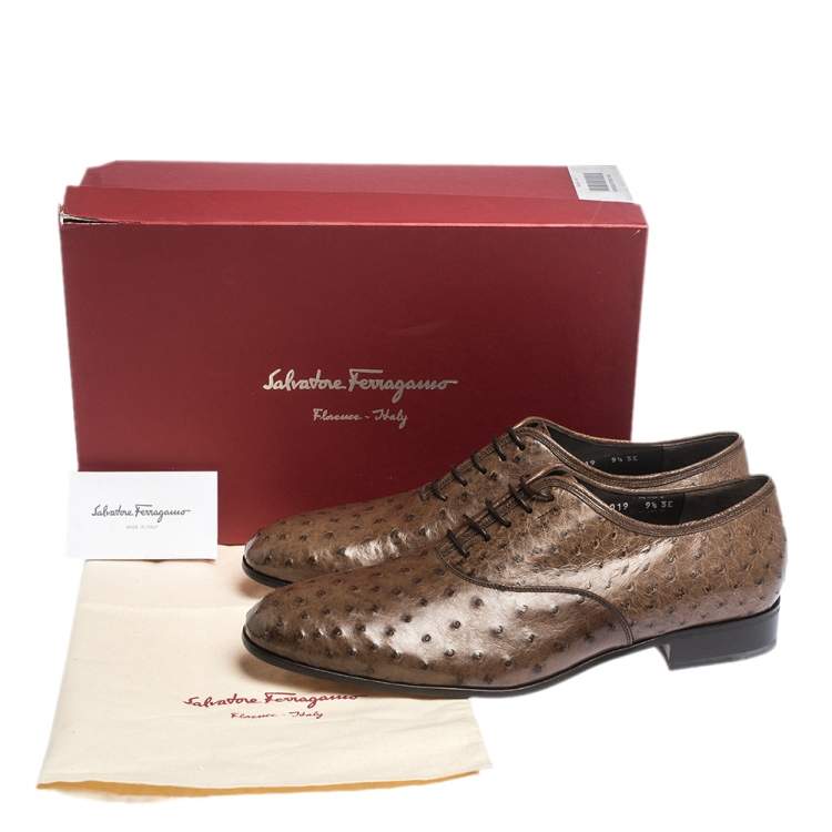 Pre Owned Salvatore Ferragamo Brown Ostrich Leather Gris Oxfords Size 43.5 