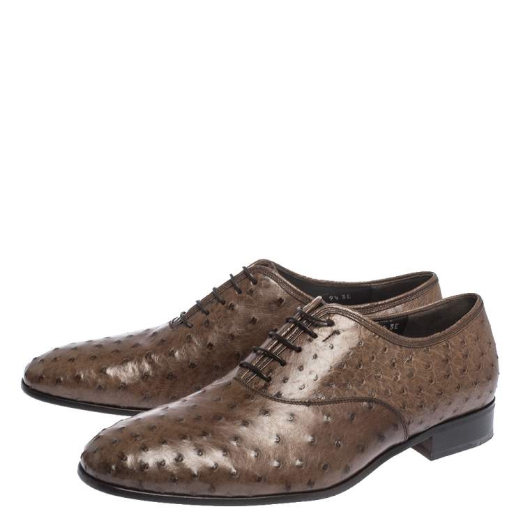 Pre Owned Salvatore Ferragamo Brown Ostrich Leather Gris Oxfords Size 43.5 