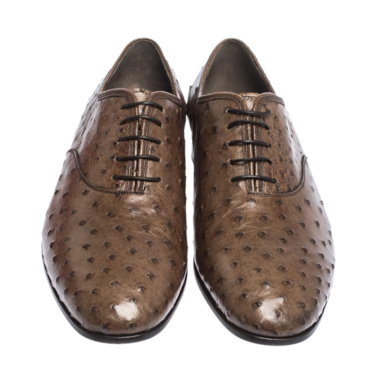 Pre Owned Salvatore Ferragamo Brown Ostrich Leather Gris Oxfords Size 43.5 