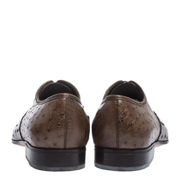 Pre Owned Salvatore Ferragamo Brown Ostrich Leather Gris Oxfords Size 43.5 