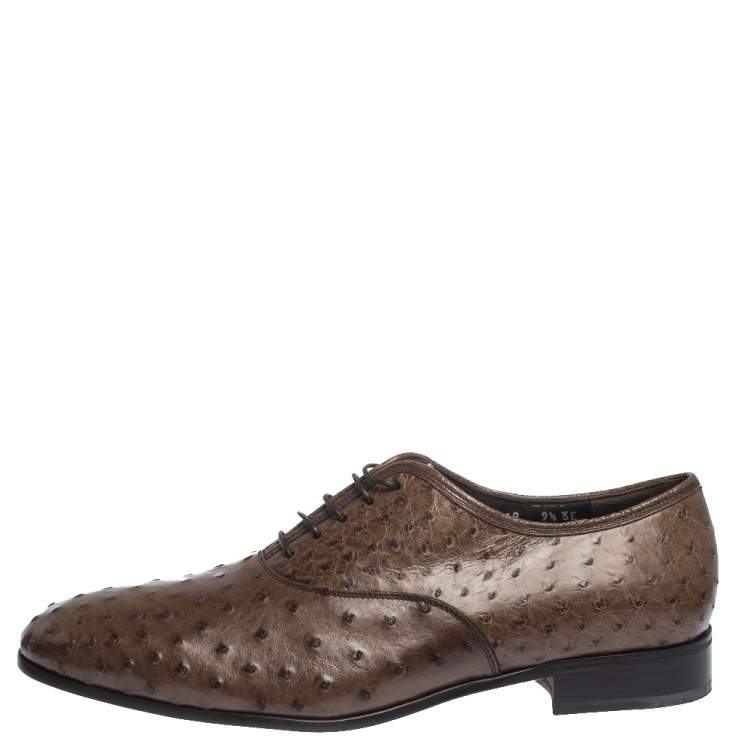 Pre Owned Salvatore Ferragamo Brown Ostrich Leather Gris Oxfords Size 43.5 