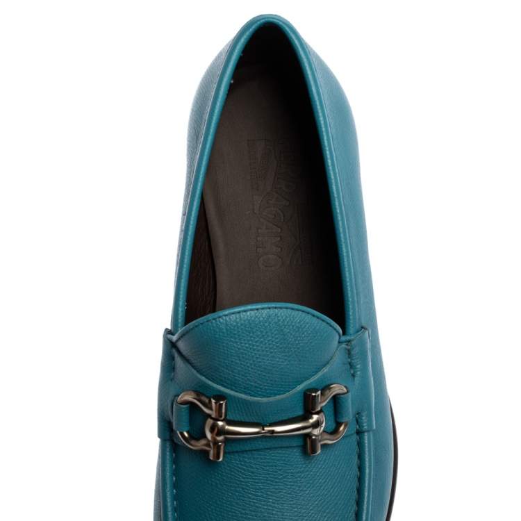 Pre Owned Salvatore Ferragamo Blue Leather Gancini Bit Loafers Size 43