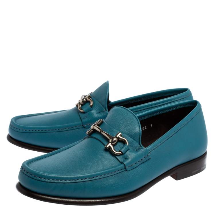 Pre Owned Salvatore Ferragamo Blue Leather Gancini Bit Loafers Size 43