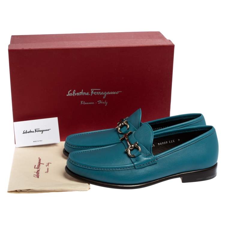 Pre Owned Salvatore Ferragamo Blue Leather Gancini Bit Loafers Size 43
