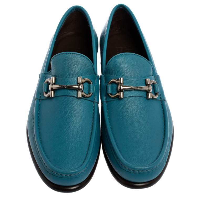 Pre Owned Salvatore Ferragamo Blue Leather Gancini Bit Loafers Size 43