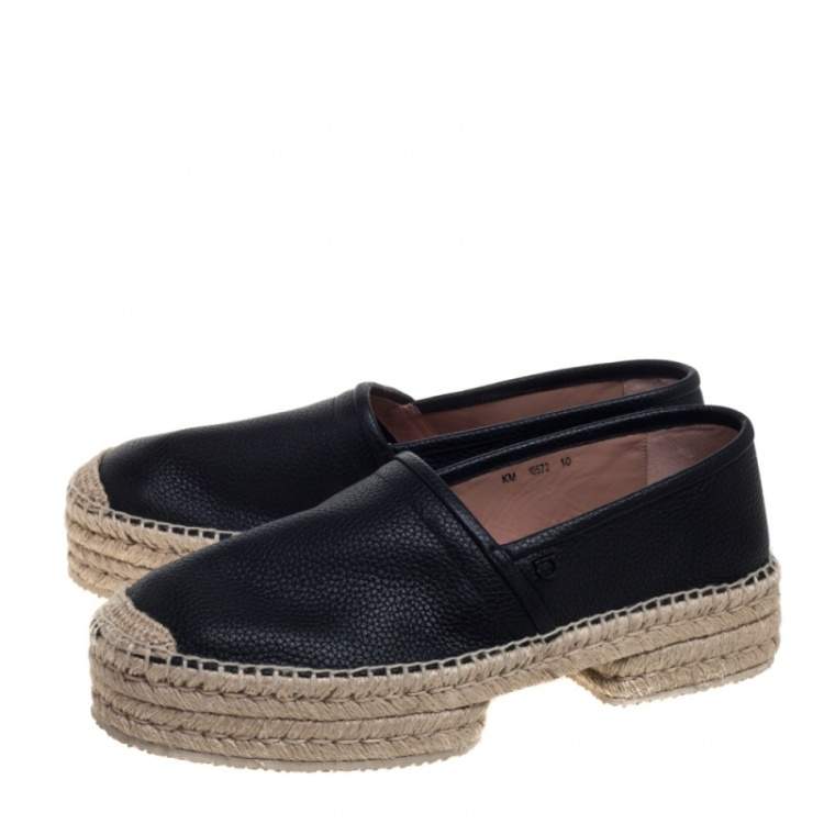 Pre Owned Salvatore Ferragamo Black Leather And Jute Espadrilles  Size 44