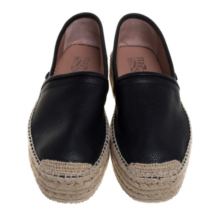 Pre Owned Salvatore Ferragamo Black Leather And Jute Espadrilles  Size 44