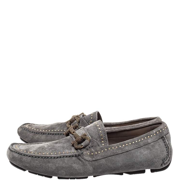Pre Owned Salvatore Ferragamo Grey Suede Parigi Studded Driving Loafer Size 40