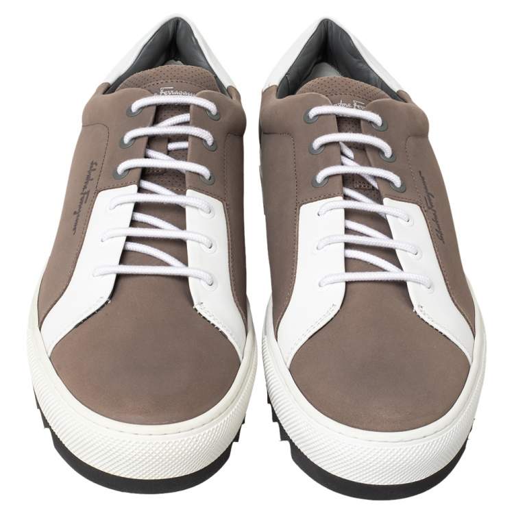 Pre Owned  Salvatore Ferragamo Brown/White Leather And Nubuck Sneakers Size 45