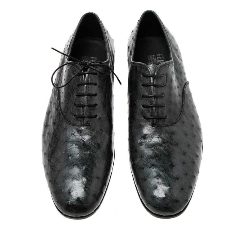 Pre Owned Salvatore Ferragamo Dark Grey Ostrich Leather Gris Oxfords Size 44