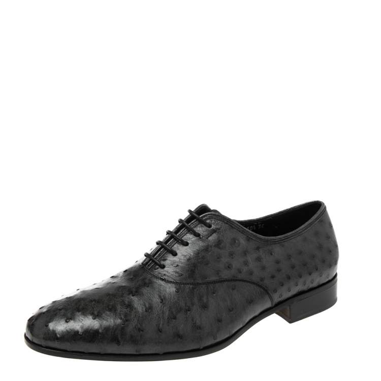 Pre Owned Salvatore Ferragamo Dark Grey Ostrich Leather Gris Oxfords Size 44