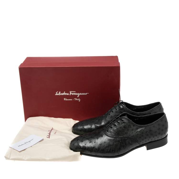 Pre Owned Salvatore Ferragamo Dark Grey Ostrich Leather Gris Oxfords Size 44