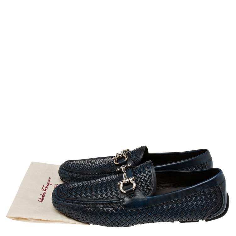 Pre Owned Salvatore Ferragamo Navy Blue/Black Woven Leather Parigi Gancio Bit Loafers Size 44.5