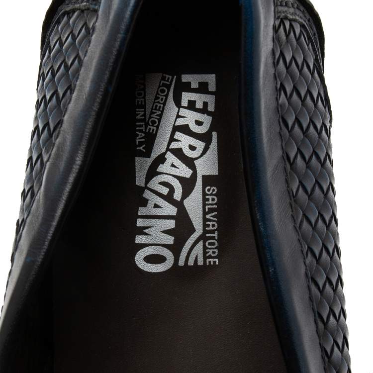 Pre Owned Salvatore Ferragamo Navy Blue/Black Woven Leather Parigi Gancio Bit Loafers Size 44.5