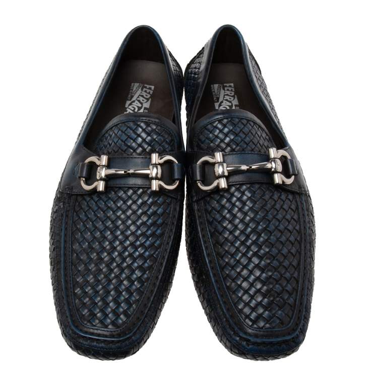 Pre Owned Salvatore Ferragamo Navy Blue/Black Woven Leather Parigi Gancio Bit Loafers Size 44.5