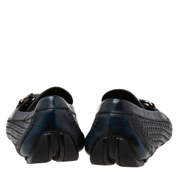 Pre Owned Salvatore Ferragamo Navy Blue/Black Woven Leather Parigi Gancio Bit Loafers Size 44.5
