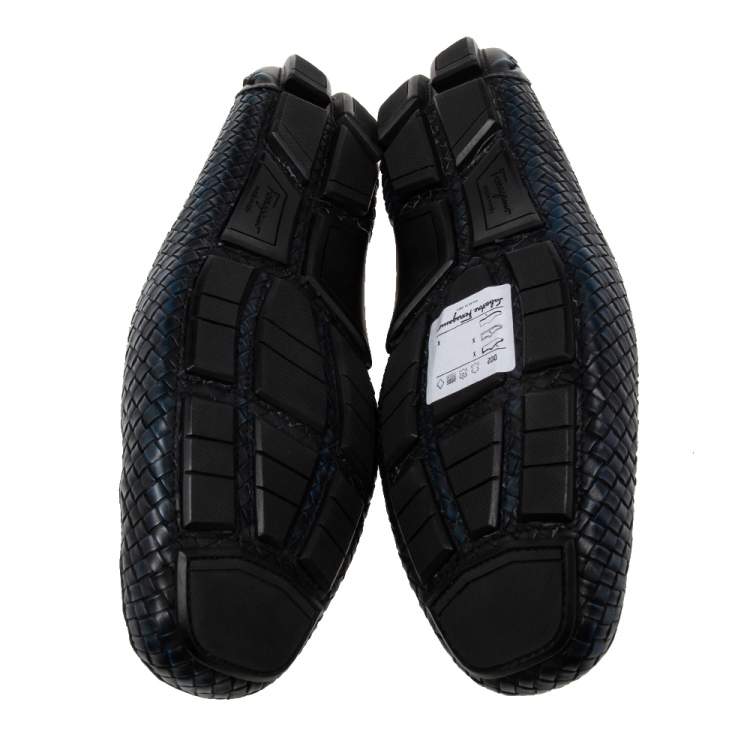 Pre Owned Salvatore Ferragamo Navy Blue/Black Woven Leather Parigi Gancio Bit Loafers Size 44.5
