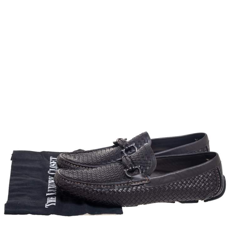 Pre Owned Salvatore Ferragamo Dark Brown Woven Leather Parigi Gancio Bit Loafers Size 45