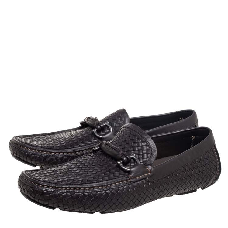 Pre Owned Salvatore Ferragamo Dark Brown Woven Leather Parigi Gancio Bit Loafers Size 45