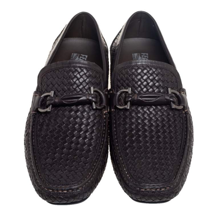 Pre Owned Salvatore Ferragamo Dark Brown Woven Leather Parigi Gancio Bit Loafers Size 45