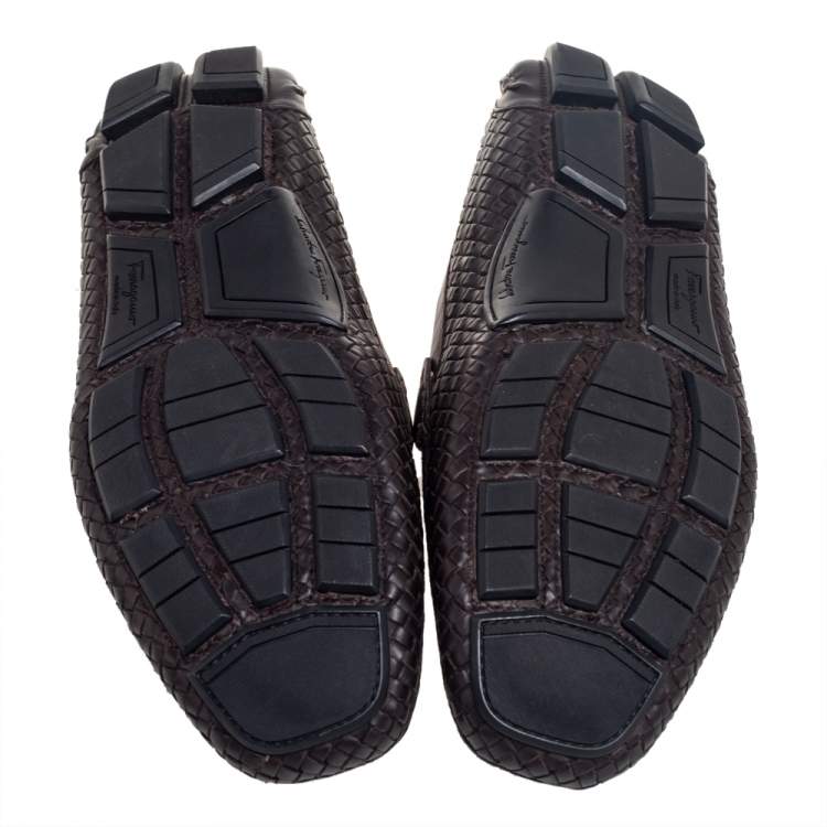 Pre Owned Salvatore Ferragamo Dark Brown Woven Leather Parigi Gancio Bit Loafers Size 45