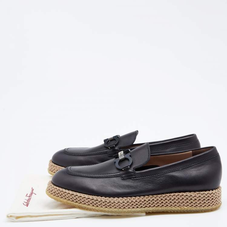Pre Owned Salvatore Ferragamo Black Leather Gancini Espadrille Slip On Loafers Size 44