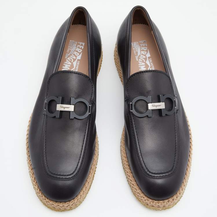 Pre Owned Salvatore Ferragamo Black Leather Gancini Espadrille Slip On Loafers Size 44