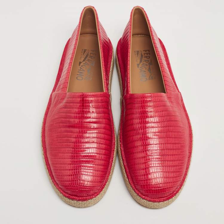 Pre Owned Salvatore Ferragamo Red Lizard Leather Lampedusa Slip-On Espadrilles Size 43