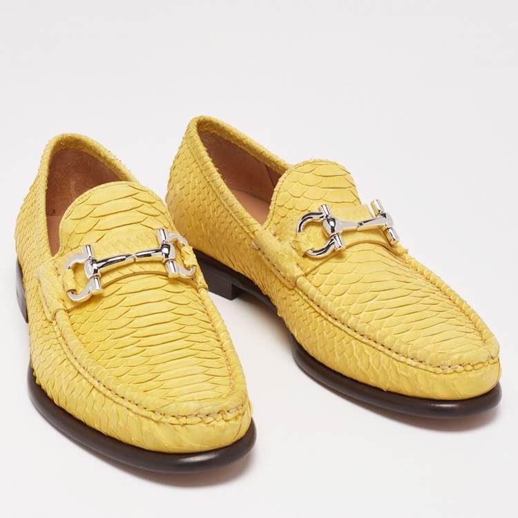 Pre Owned Salvatore Ferragamo Yellow Python Leather Mason Horsebit Slip On Loafers Size 41