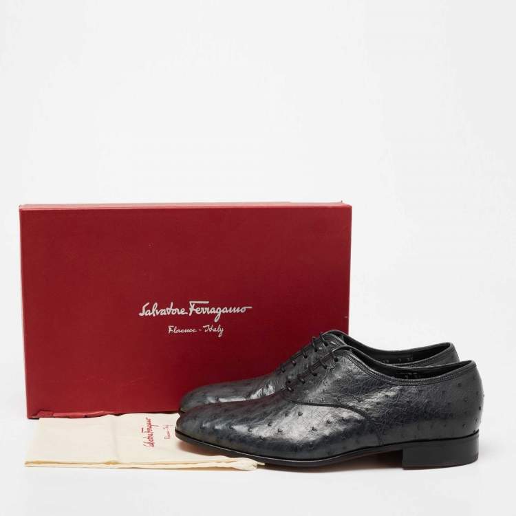 Pre Owned Salvatore Ferragamo Dark Teal Ostrich Leather Gris Oxfords Size 41