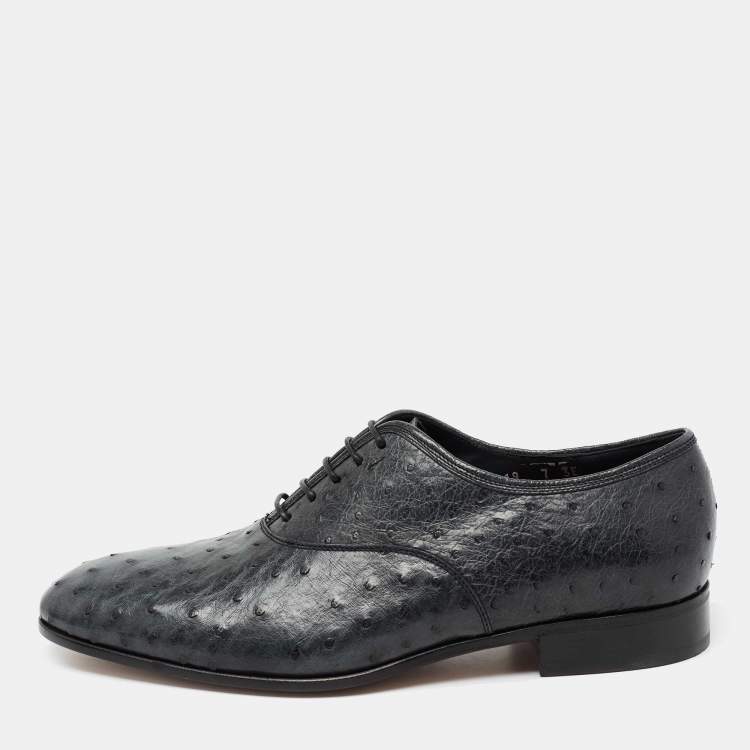 Pre Owned Salvatore Ferragamo Dark Teal Ostrich Leather Gris Oxfords Size 41