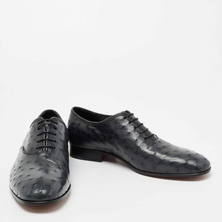 Pre Owned Salvatore Ferragamo Dark Teal Ostrich Leather Gris Oxfords Size 41