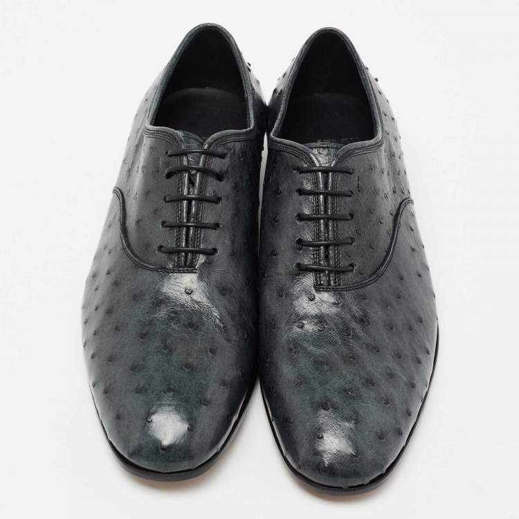 Pre Owned Salvatore Ferragamo Dark Teal Ostrich Leather Gris Oxfords Size 41