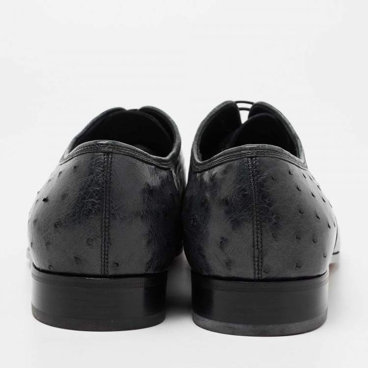 Pre Owned Salvatore Ferragamo Dark Teal Ostrich Leather Gris Oxfords Size 41
