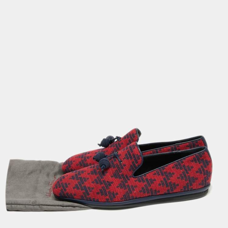 Pre Owned Salvatore Ferragamo Red/Blue Fabric Fabio Tassel Loafer Size 43