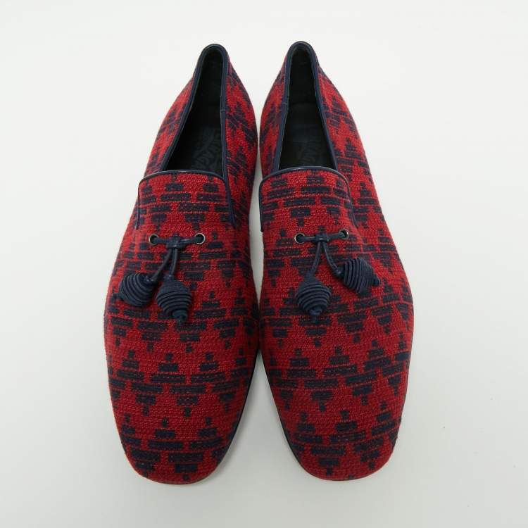 Pre Owned Salvatore Ferragamo Red/Blue Fabric Fabio Tassel Loafer Size 43