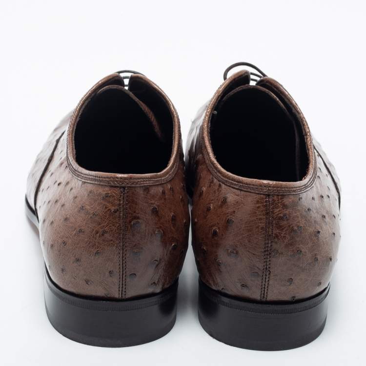 Pre Owned   Salvatore Ferragamo Dark Brown Ostrich Leather Gris Oxfords Size 41