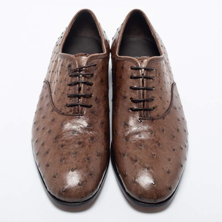 Pre Owned   Salvatore Ferragamo Dark Brown Ostrich Leather Gris Oxfords Size 41