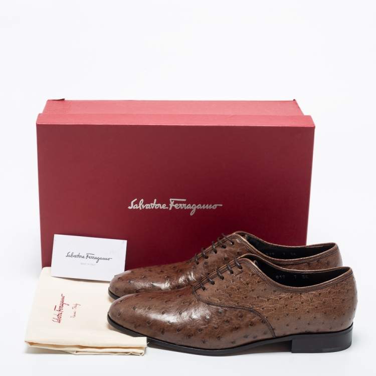 Pre Owned   Salvatore Ferragamo Dark Brown Ostrich Leather Gris Oxfords Size 41